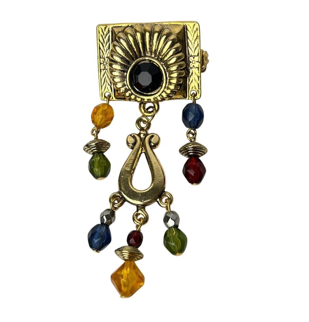 Vintage Chandelier Dangle Brooch Pin Multi Color Beaded Cascading Drop Boho Chic
